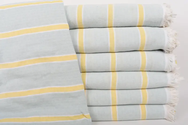 Monogram Blanket, 95x83 Mint-Yellow Striped Throw, Turkish Organic Cotton