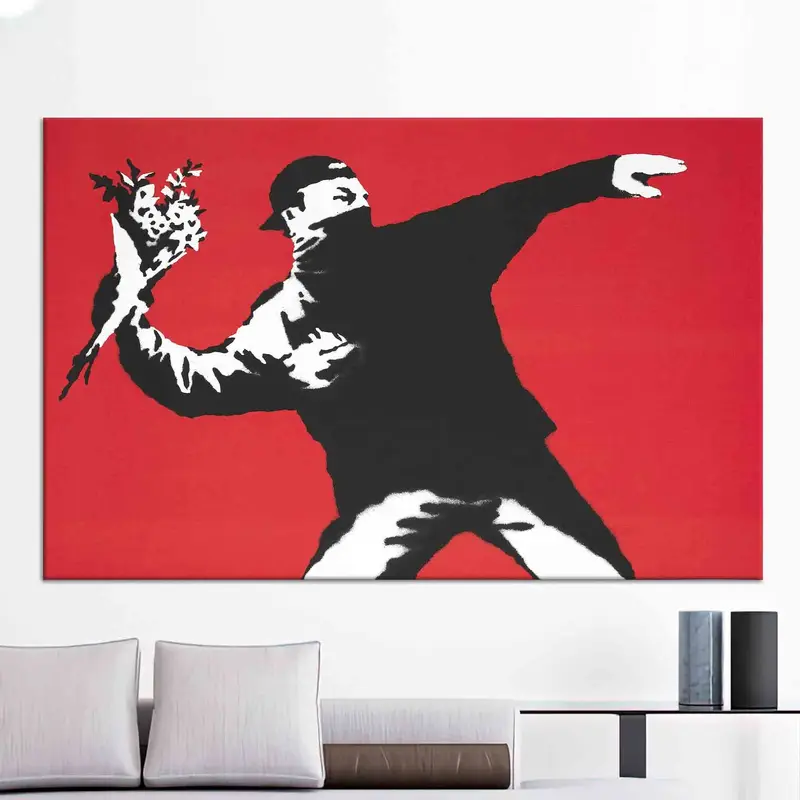 エレガントなバンクシーの花投げプリント キャンバス - 芸術的な家の装飾