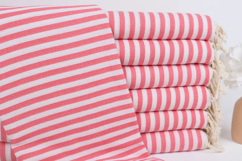 Striped Towel Monogrammed Turkish Cotton Vermilion Beige, 40x71 Inches