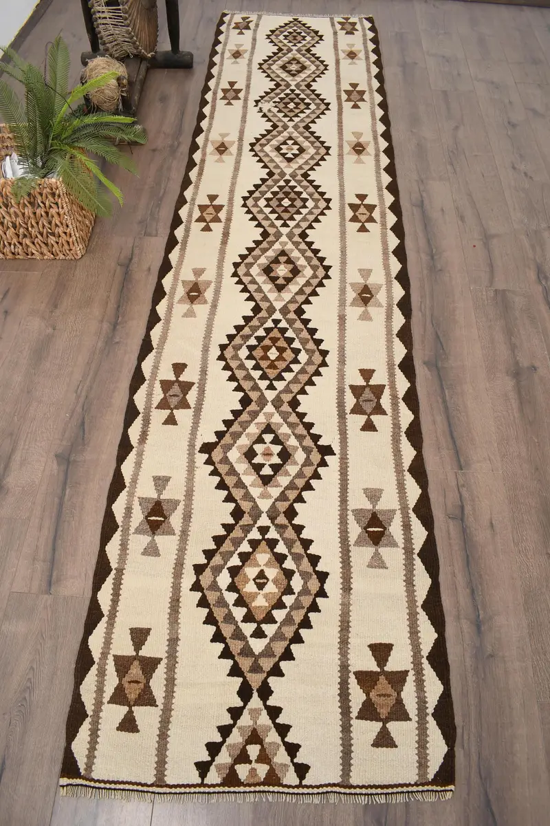 Vintage Turkish Rug, 2.5x10.7 ft Kilim Rug, Brown Floral Wool Rug - 1