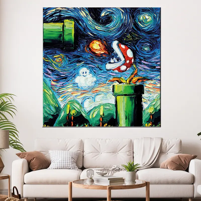 Mario World Gogh Poster, Van Gogh Artwork, Mario World Canvas, Mario Abstract Art, Super Mario Canvas, Van Gogh Wall Art, Super Mario Paint - 2