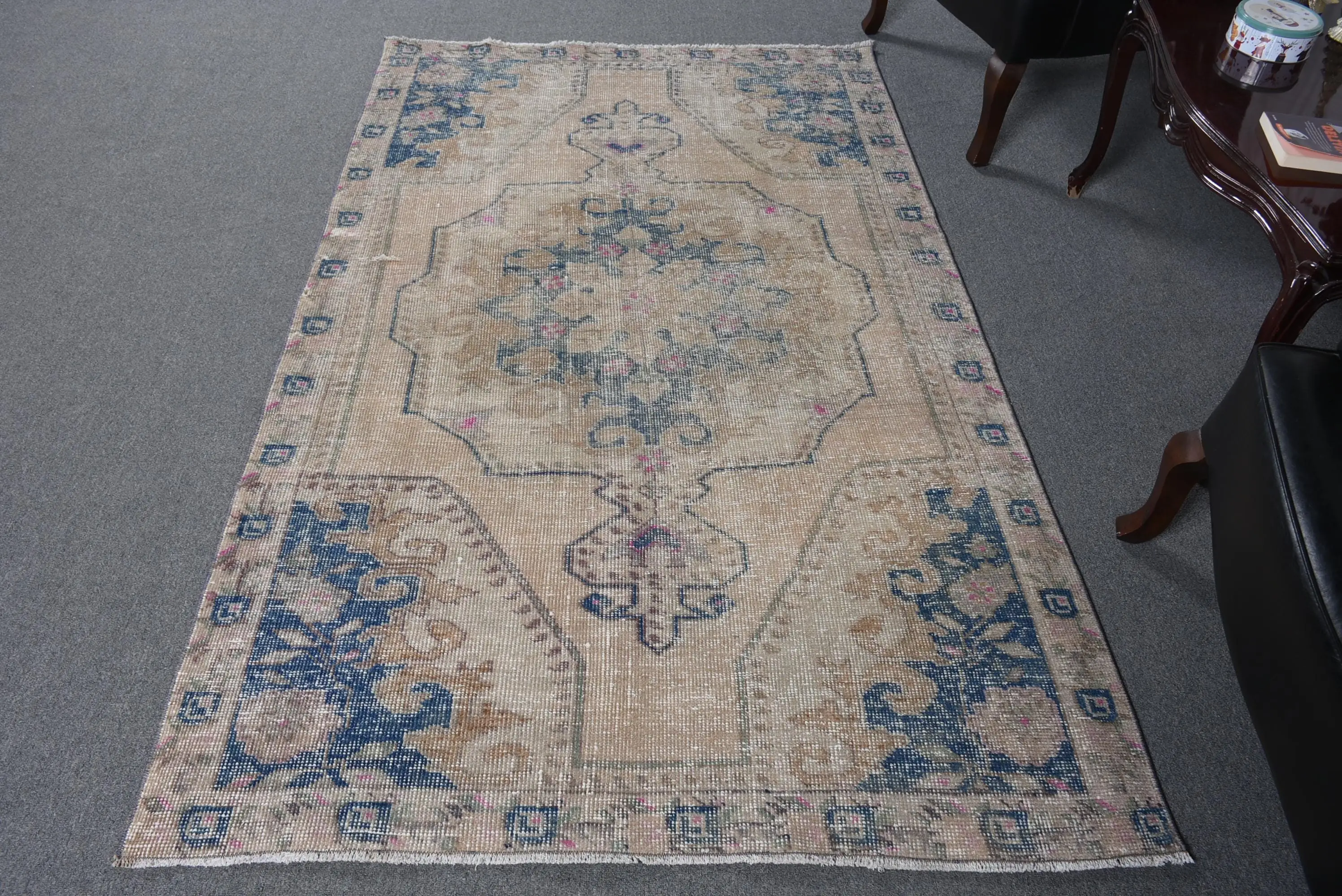 4,2x6,9 ft türkischer Vintage-Teppich, Blauer Wollteppich - 1