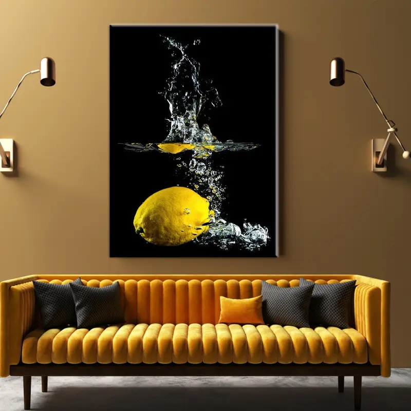 Lemon Canvas Art, Kitchen Art Decor, Yellow Wall Art, Black Canvas Art, Splash Artwork, Modern Canvas Art, Home Decor Wall Art, - 1