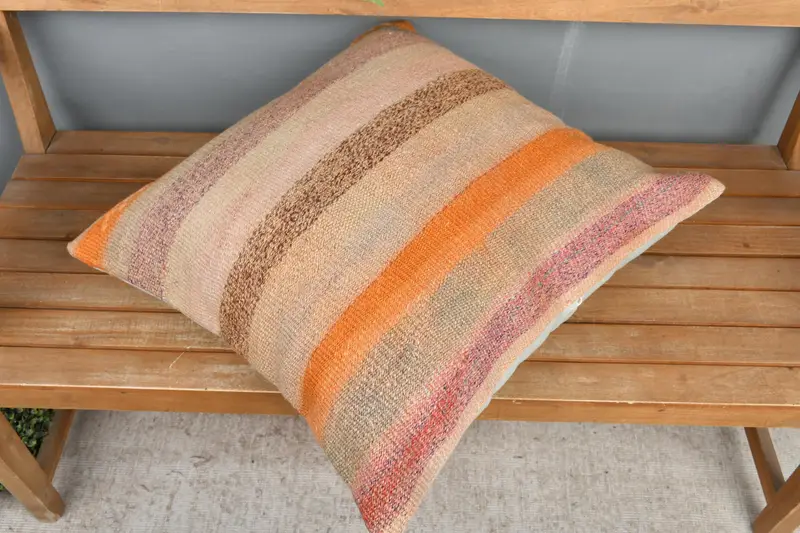 Beige & Orange Striped Pillow, 24x24 Inches Decorative Pillow - 2