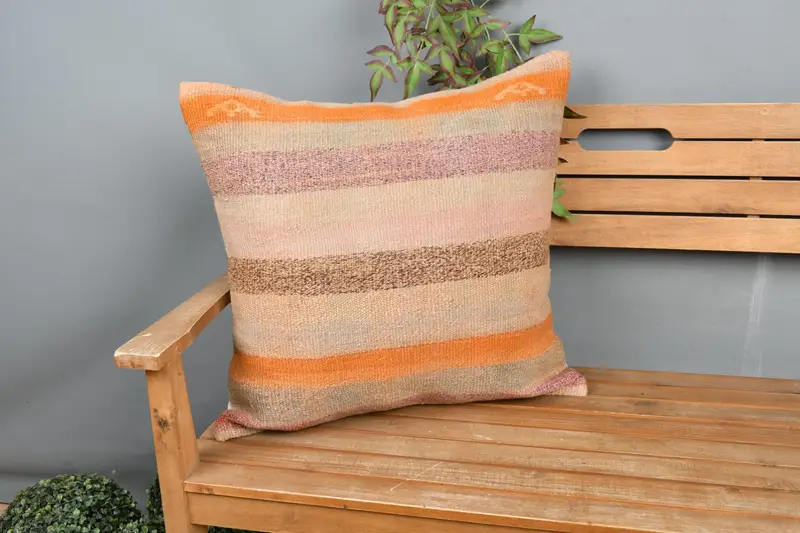 Beige & Orange Striped Pillow, 24x24 Inches Decorative Pillow - 1