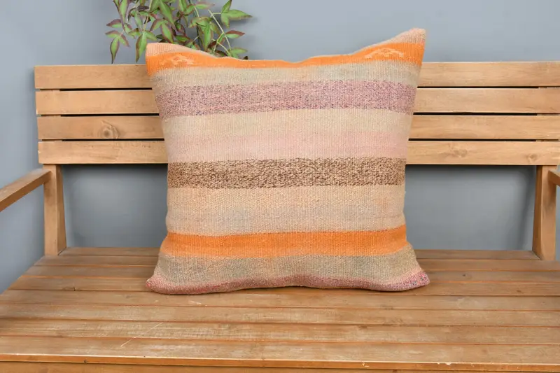 Beige & Orange Striped Pillow, 24x24 Inches Decorative Pillow - 6