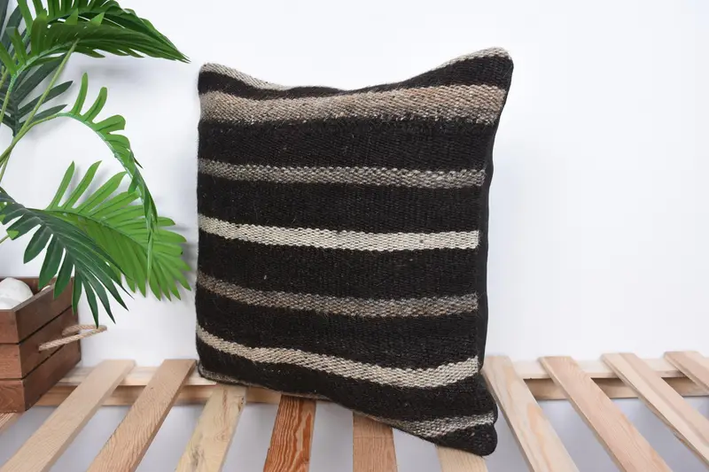 Handwoven Pillow Cover, Accent Throw Pillow Sham, 18x18 Brown Pillow, Vintage Kilim Pillow, Turkish Kilim Pillow, Boho Pillow Sham Cover, Pillow - 5