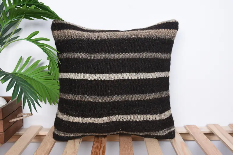 Handwoven Pillow Cover, Accent Throw Pillow Sham, 18x18 Brown Pillow, Vintage Kilim Pillow, Turkish Kilim Pillow, Boho Pillow Sham Cover, Pillow - 1