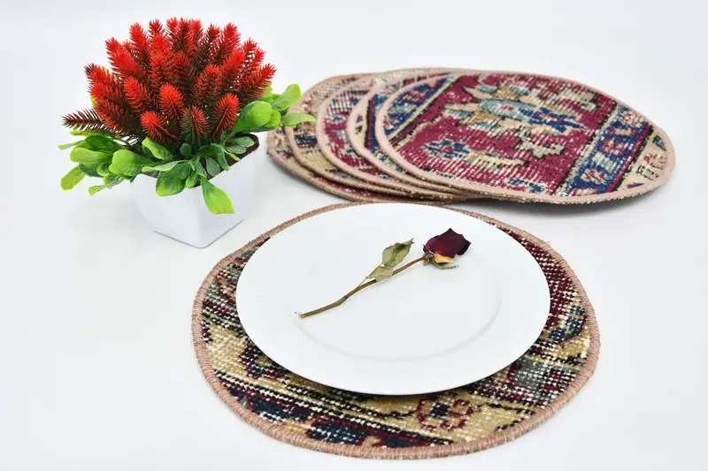 Mantel individual bohemio con círculo rojo y beige, mantel individual bohemio de algodón y lana