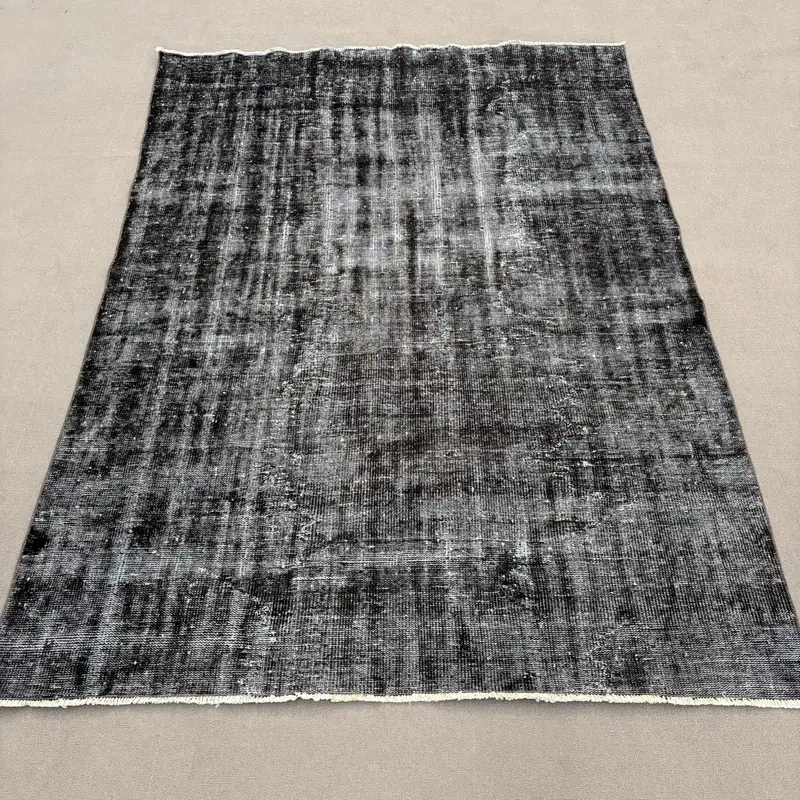 Vintage Turkish Large Rug 6.3x8.6 ft, Oushak Black Wool Rug - 1