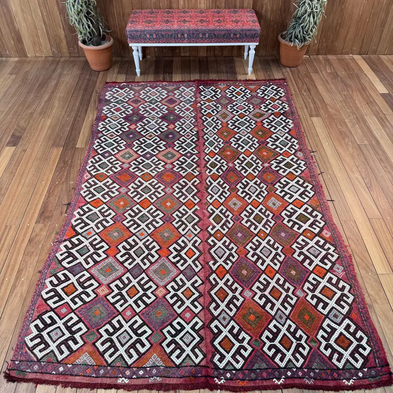 Türkischer großer Teppich 5,8 x 9,1 Fuß, Vintage Oushak rot gestreifter Wollteppich - 1