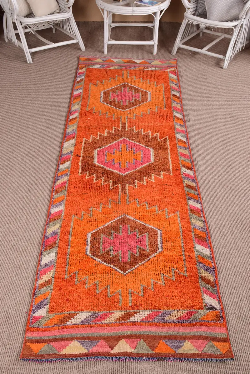 Turkish Vintage Rug 2.9x9.6 ft (88x292 cm), Herki Orange Pink Paisley Rug - 1