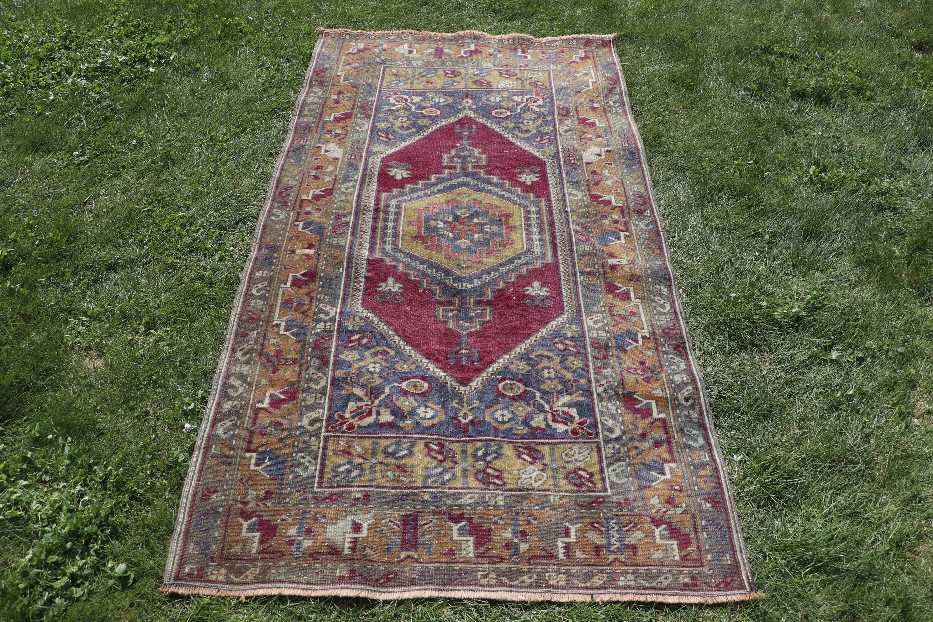 3.3x6.1 ft Halı, Türk Vintage Halı, Kırmızı Mavi Puantiyeli Halı - 1