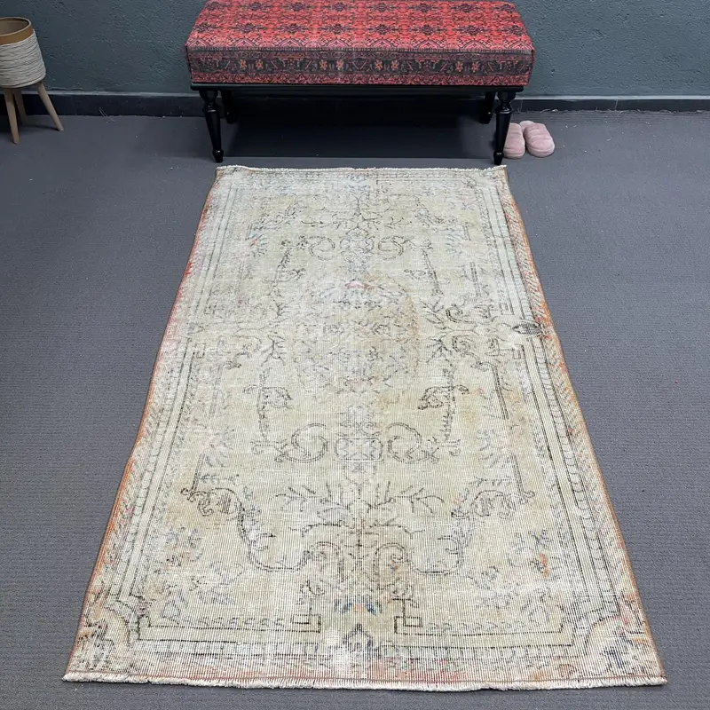 3.7x6.4 ft Vintage Rug, Oushak Rug, White Camouflage Rug Wool - 1