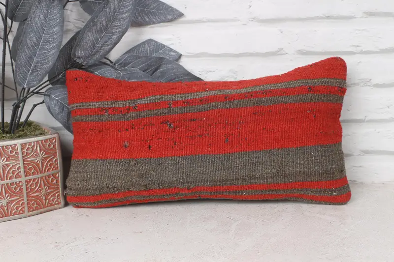 Ethnical Kilim Rug Pillow, Handmade Kilim Cushion, Outdoor Pillow Case, Pillow Sham, Car Cushion Case, Boho Pillow Sham Cover, 8x16 Red Pillow Sham - 1