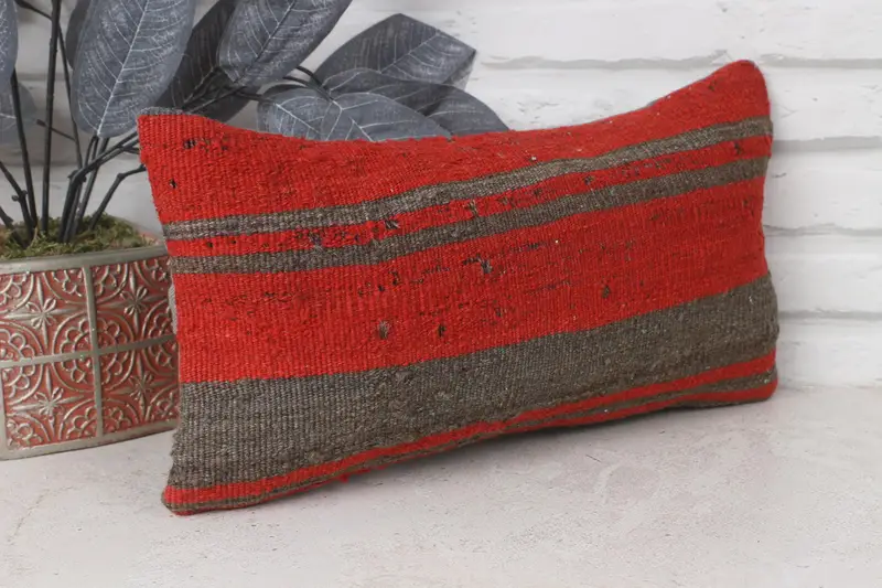 Ethnical Kilim Rug Pillow, Handmade Kilim Cushion, Outdoor Pillow Case, Pillow Sham, Car Cushion Case, Boho Pillow Sham Cover, 8x16 Red Pillow Sham - 4