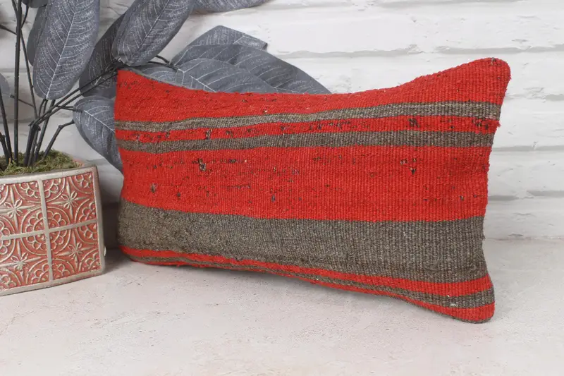 Ethnical Kilim Rug Pillow, Handmade Kilim Cushion, Outdoor Pillow Case, Pillow Sham, Car Cushion Case, Boho Pillow Sham Cover, 8x16 Red Pillow Sham - 3