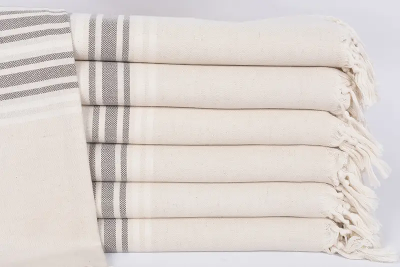 Beach Towel Handcrafted Brown-White Stripes Natural Linen, 70x40 Inches