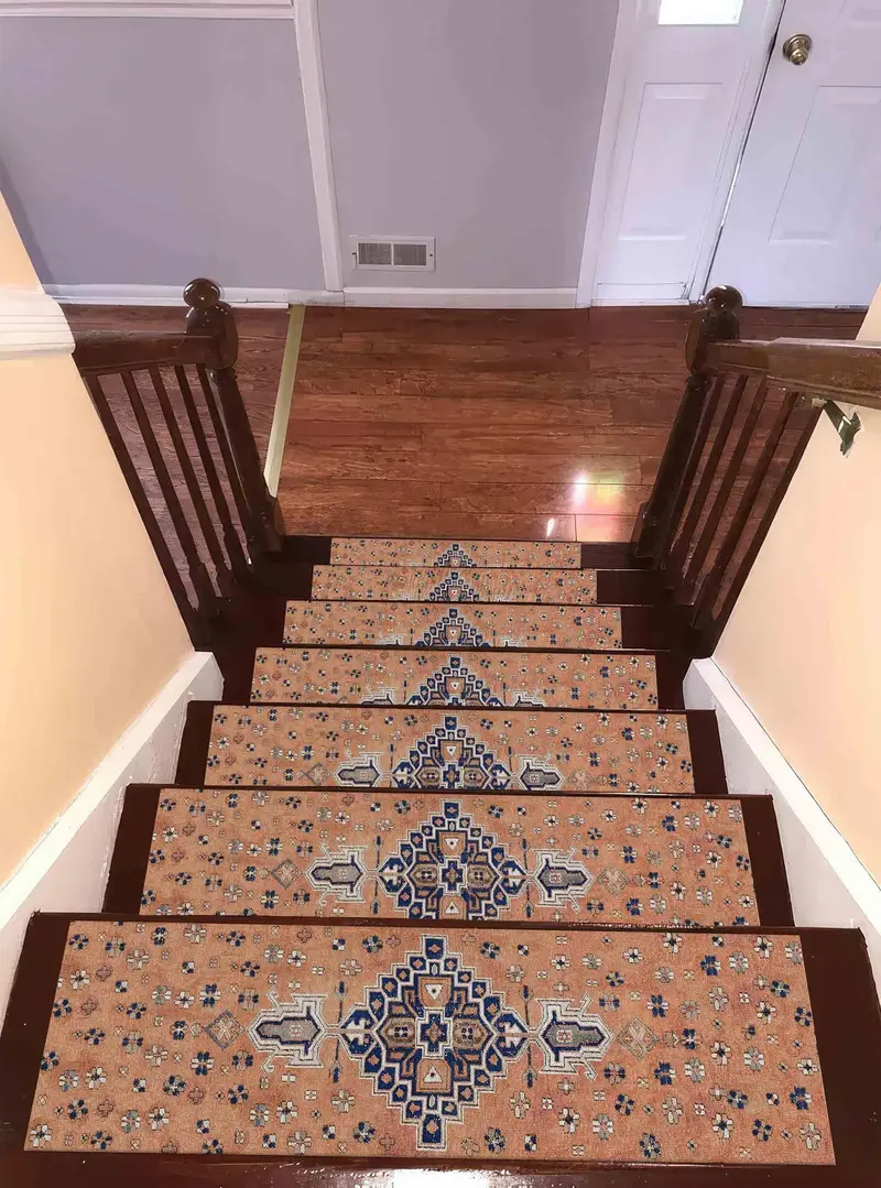 Orange & Navy Blue Medallion Stair Rug, Printed Bohemian Design