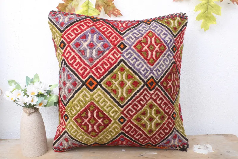 Tribal Pillow Case, Interior Designer Pillow, Cushion Case, Kilim Rug Pillow Sham, 16x16 Green Pillow Case, Boho Pillow, Kilim Pillow Cover - 2