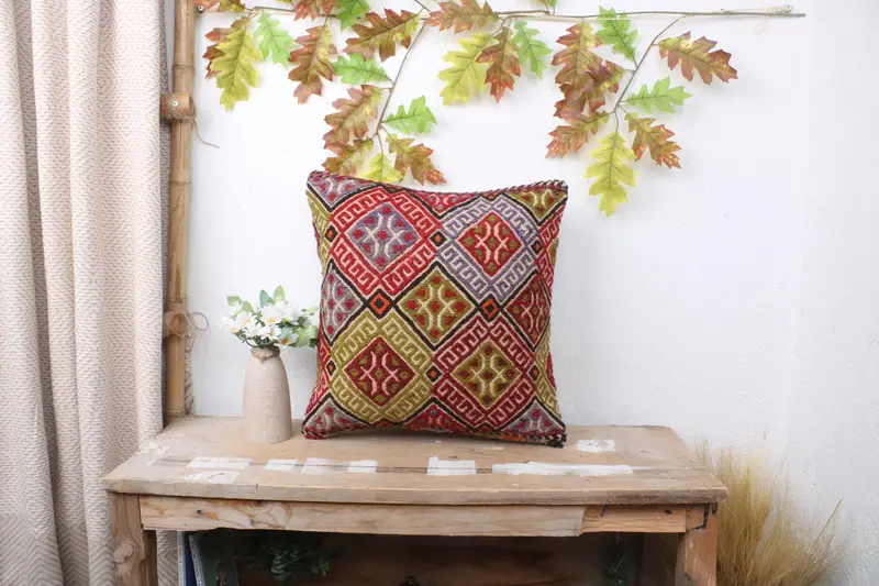 Tribal Pillow Case, Interior Designer Pillow, Cushion Case, Kilim Rug Pillow Sham, 16x16 Green Pillow Case, Boho Pillow, Kilim Pillow Cover - 1