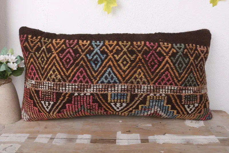 Throw Kilim Pillow, Shabby Chic Pillow Sham, 12x24 Brown Pillow Sham, Garden Cushion, Pillow for Sofa, Kilim Pillow Cover, Cushion Case - 2