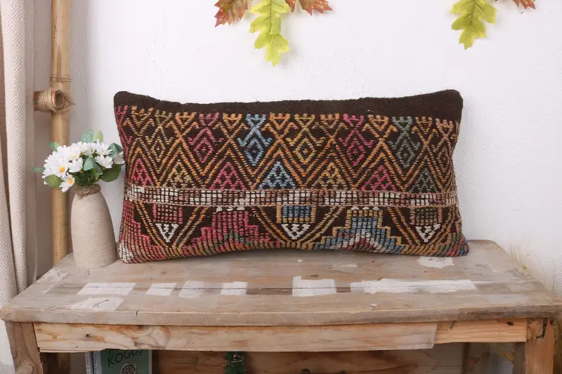 Throw Kilim Pillow, Shabby Chic Pillow Sham, 12x24 Brown Pillow Sham, Garden Cushion, Pillow for Sofa, Kilim Pillow Cover, Cushion Case - 1