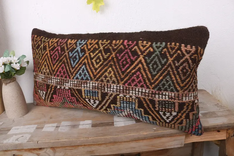 Throw Kilim Pillow, Shabby Chic Pillow Sham, 12x24 Brown Pillow Sham, Garden Cushion, Pillow for Sofa, Kilim Pillow Cover, Cushion Case - 4