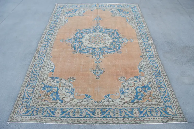 Vibrant Orange & Blue Rug, 6,7x9,8 ft Elegant Decor