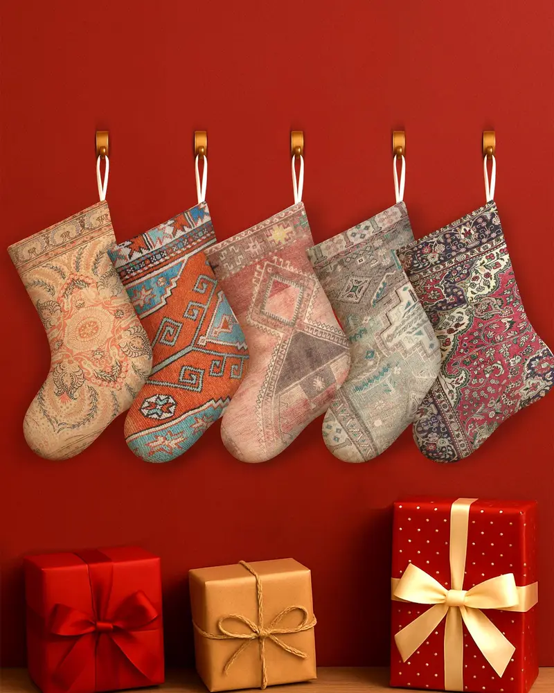 Zarif 30 İnç Pamuklu Noel Çorabı, Şenlikli Süsler Desen Noel Çorabı