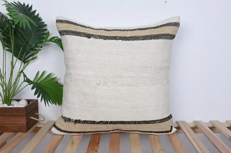 Seat Pillow Cover, Throw Kilim Pillow, Cushion Case, Turkish Kilim Pillow, 24x24 Beige Cushion Case, Indoor Pillow Sham, Vintage Pillow - 1