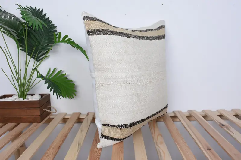 Seat Pillow Cover, Throw Kilim Pillow, Cushion Case, Turkish Kilim Pillow, 24x24 Beige Cushion Case, Indoor Pillow Sham, Vintage Pillow - 4