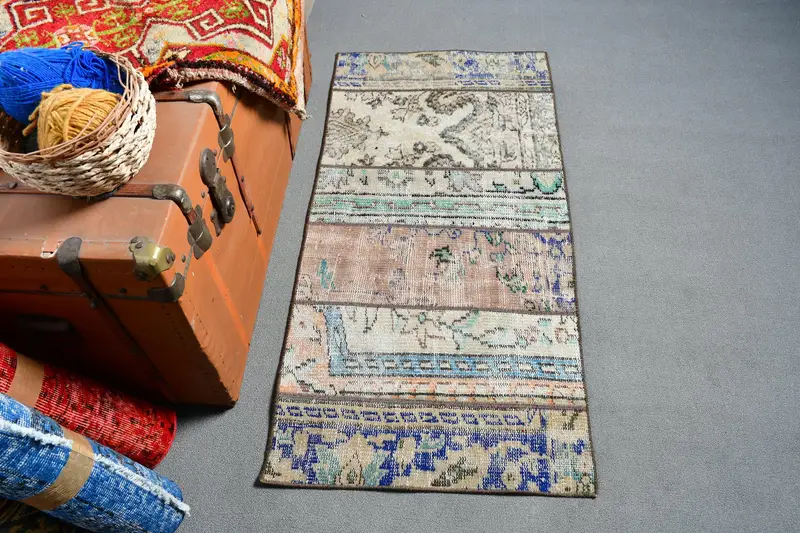 2x4.1 ft Oushak Halı, Türk Vintage Halı, Mavi Kahverengi Halı - 1