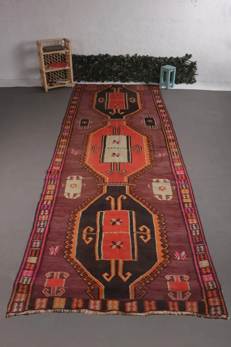 Alfombra vintage Kilim, alfombra turca de 5,1x13,9 pies, alfombra de lana oriental marrón - 1