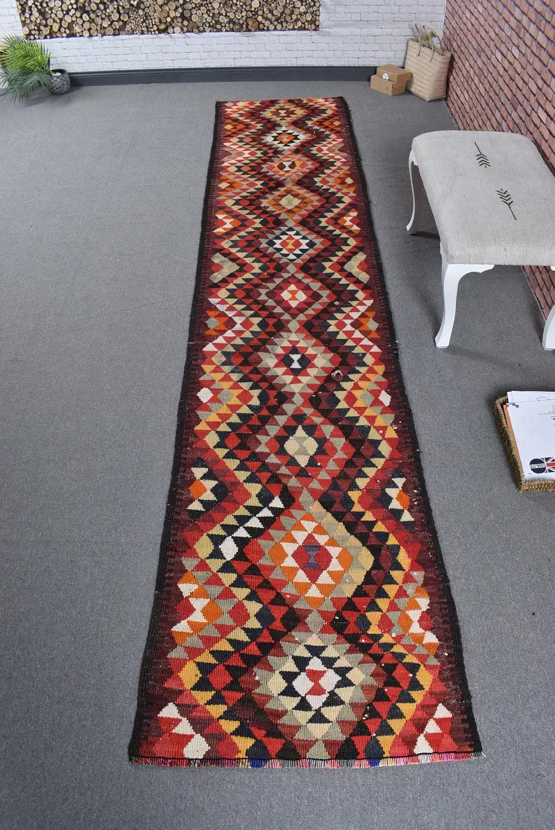 Alfombra turca vintage de 2,7x12,9 pies, alfombra de lana ombré naranja roja - 1