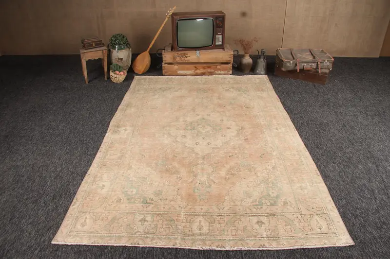Alfombra turca grande de 6,4x9,5 pies, alfombra vintage, alfombra oriental marrón Oushak - 1