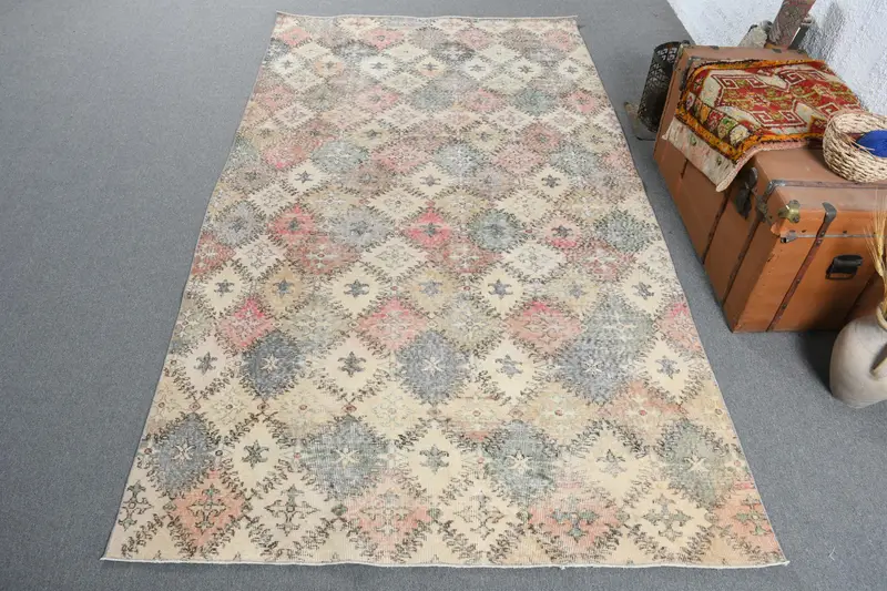Türk Vintage Oushak Büyük Halı 5.4x9.6 ft, Gri Çiçekli Yün Halı - 1