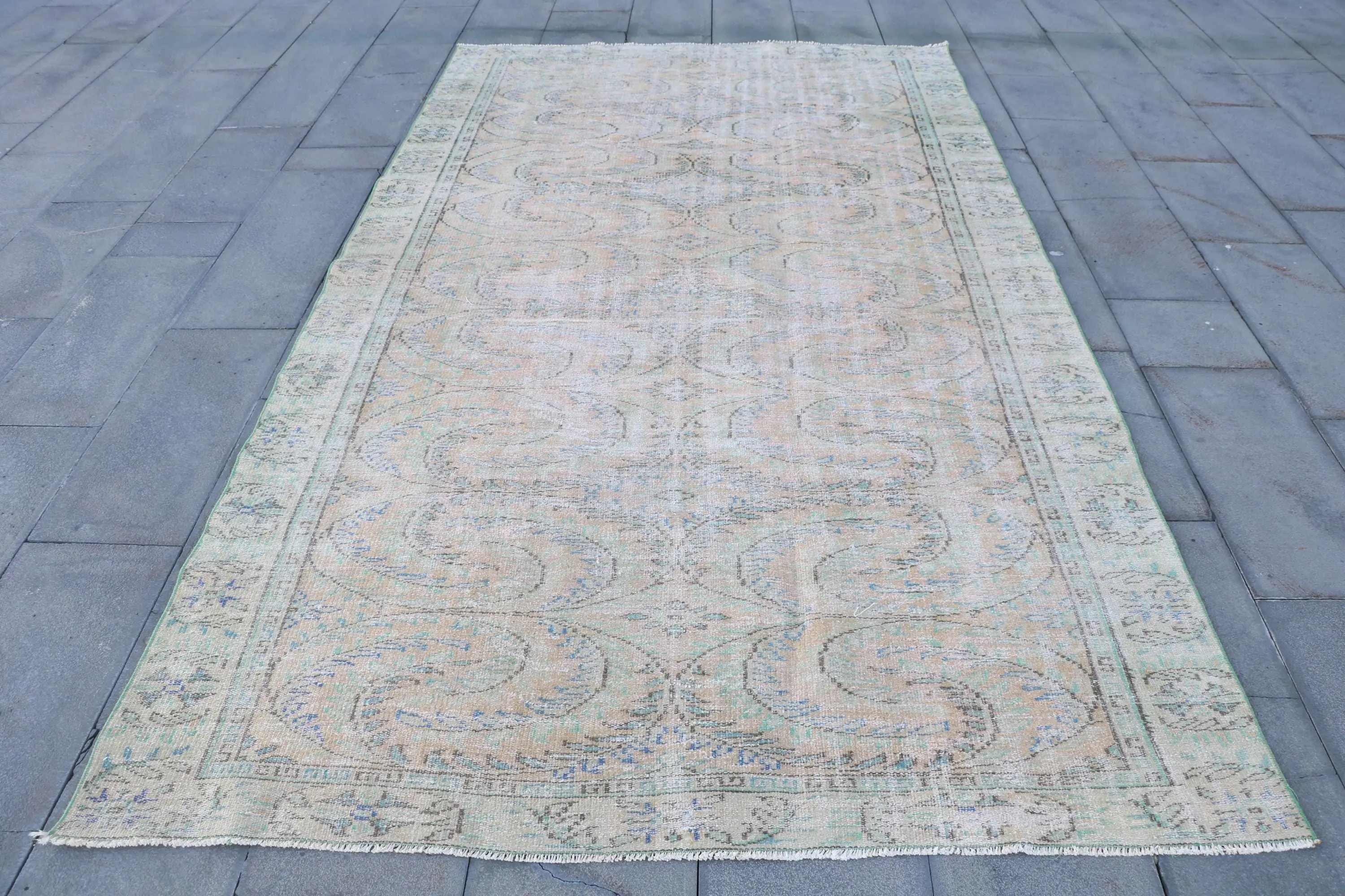 Vintage Türk Halısı, Büyük 5.6x9.8 ft (171x300 cm) Halı, Mavi Çizgili Yün Halı - 1