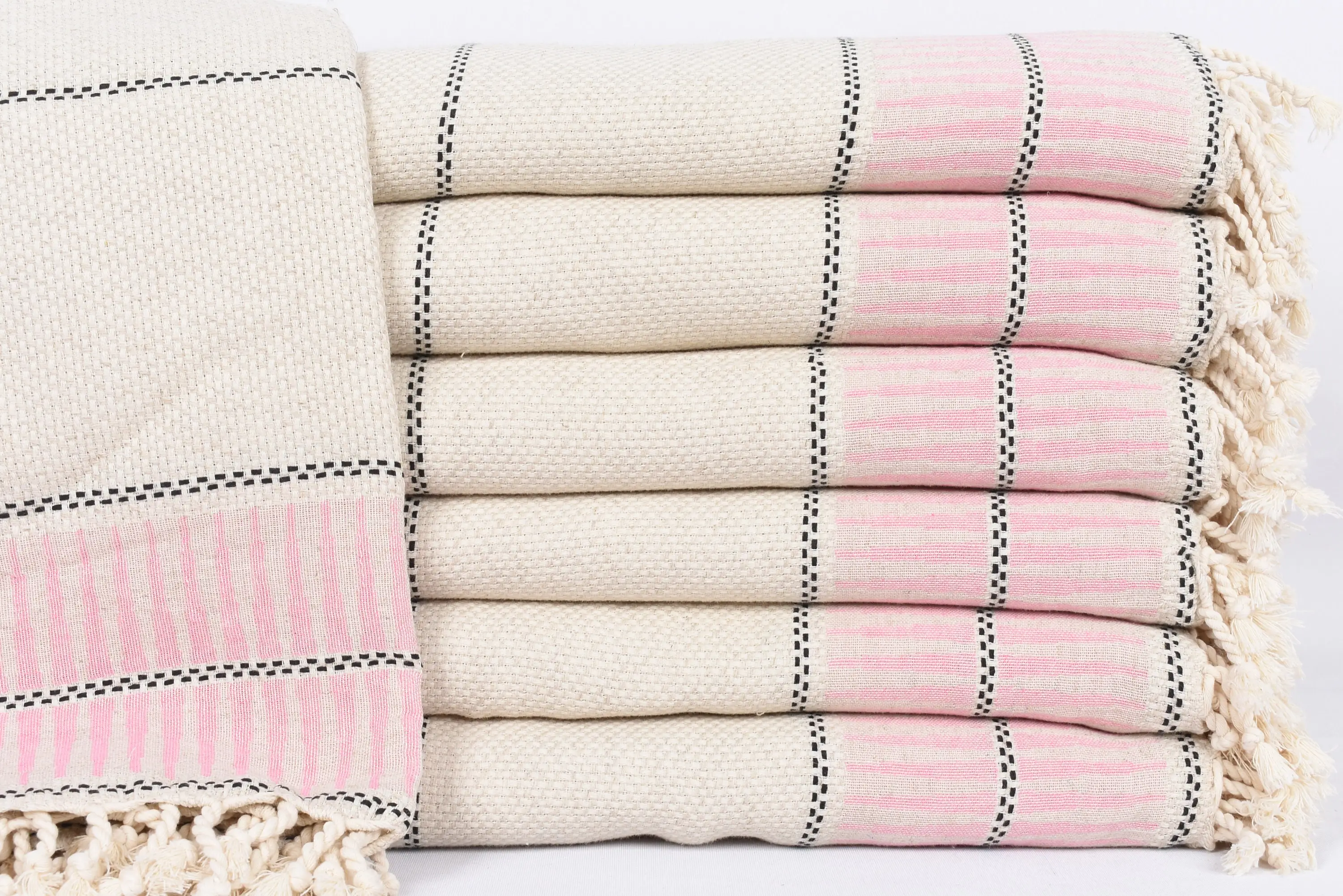 Turkish Blanket Queen Pink Striped, 103x95 Inches, Full Size, Natural Linen - 1