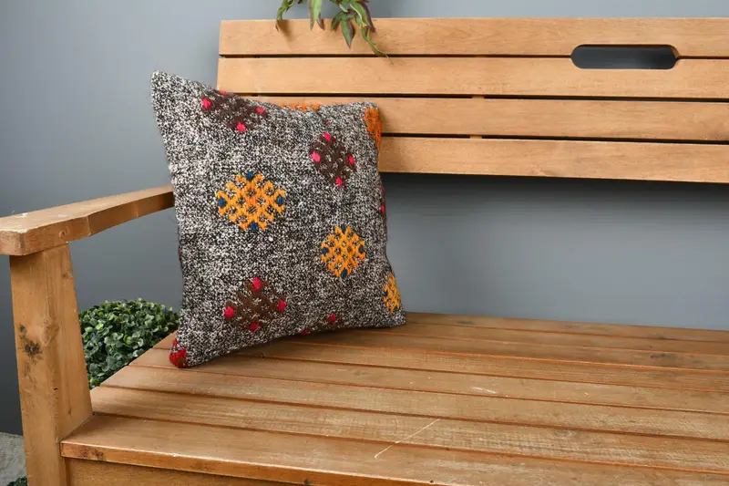 Boho Pillow, Anatolian Cushion Cover, Turkish Corner Cushion, Kilim Pillow Cover, Cushion Case, Antique Pillows, 14x14 Brown Pillow Sham - 1