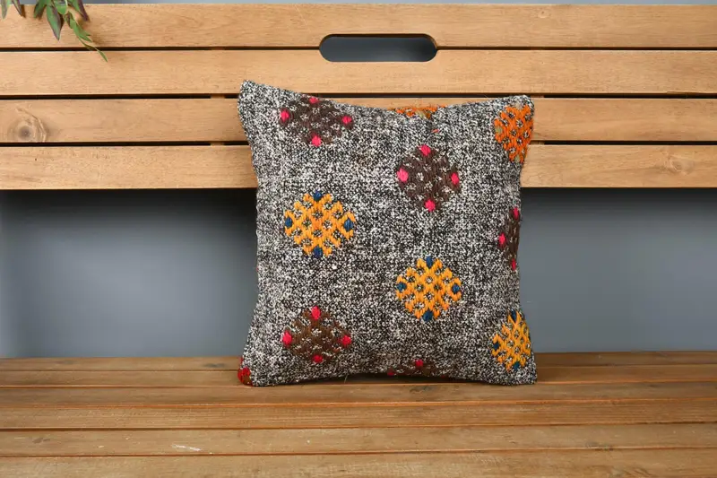Boho Pillow, Anatolian Cushion Cover, Turkish Corner Cushion, Kilim Pillow Cover, Cushion Case, Antique Pillows, 14x14 Brown Pillow Sham - 6