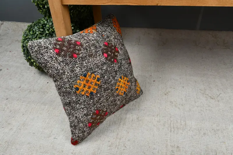 Boho Pillow, Anatolian Cushion Cover, Turkish Corner Cushion, Kilim Pillow Cover, Cushion Case, Antique Pillows, 14x14 Brown Pillow Sham - 7