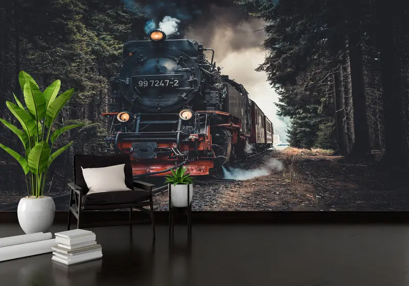 Zarif Baskılı Tren Yolu Duvar Kağıdı: Orman Peyzaj Tasarımı