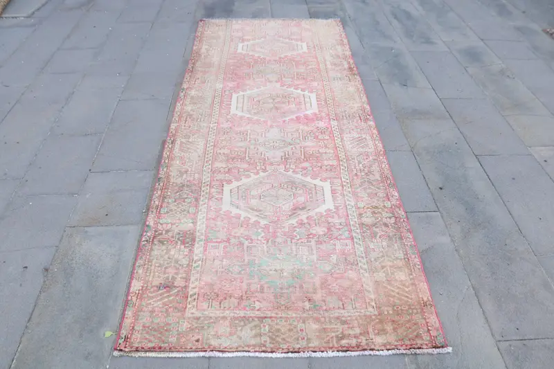 3.37x9 ft Turkish Runner Rug, Pink Blue Vintage Southwestern Wool Rug - 1