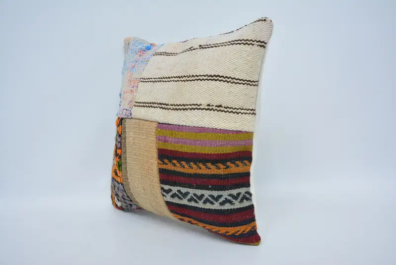 Kilim Rug Pillow Sham, Cushion, 14x14 White Cushion, Decorative Bolster Pillow Case, Boho Pillow Sham Cover, Kilim Pillow Cover, Throw Kilim Pillow - 4