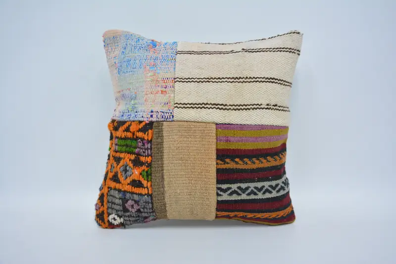 Kilim Rug Pillow Sham, Cushion, 14x14 White Cushion, Decorative Bolster Pillow Case, Boho Pillow Sham Cover, Kilim Pillow Cover, Throw Kilim Pillow - 1