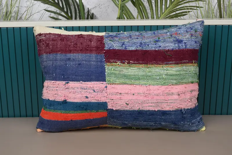 Blaues und rosa Patchwork-Wurfkissen, 16x24 besticktes Kissen