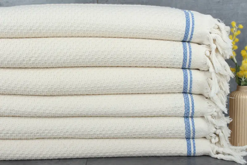 Striped Blanket Sax Blue Cotton Throw, Plants & Trees Pattern, 91x93 Inches