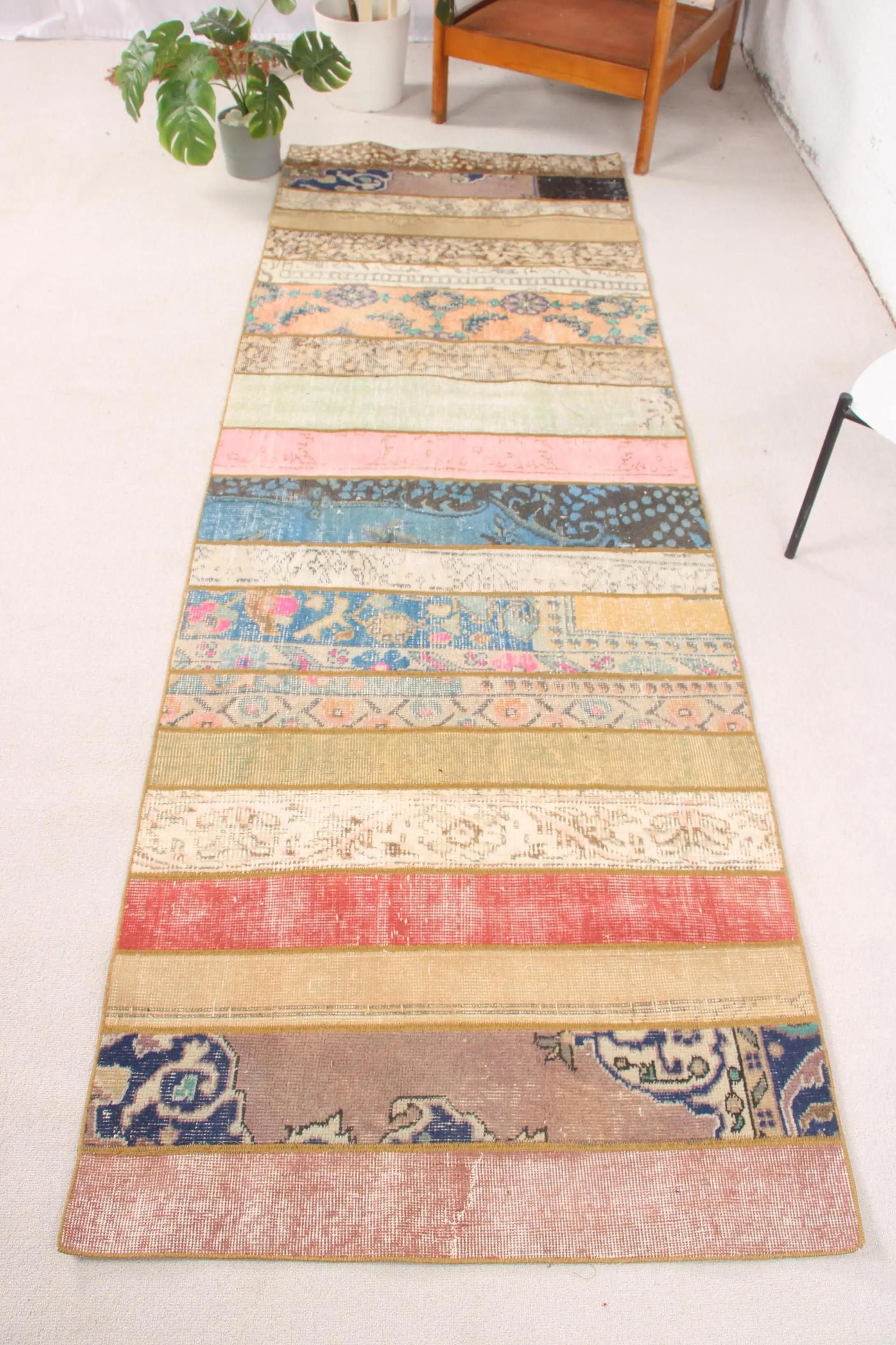 Turkish Runner Rug 3.1x9.2 ft, Vintage Blue Ikat Wool Rug - 1