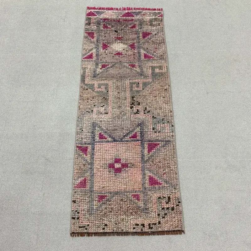 Türk Oushak Halı 1.7x4.6 ft, Gri Pembe Patchwork Yün Vintage Halı - 1